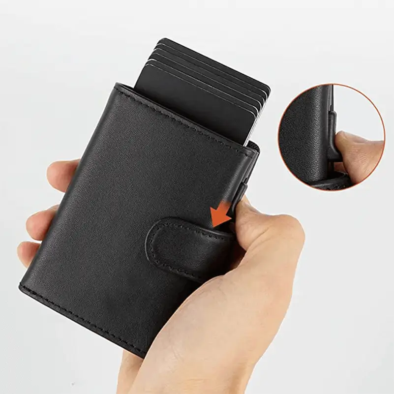 Genuine leather wallet interior - Custom manufacturing quality for wholesale luxury accessories showing pop-up mechanism