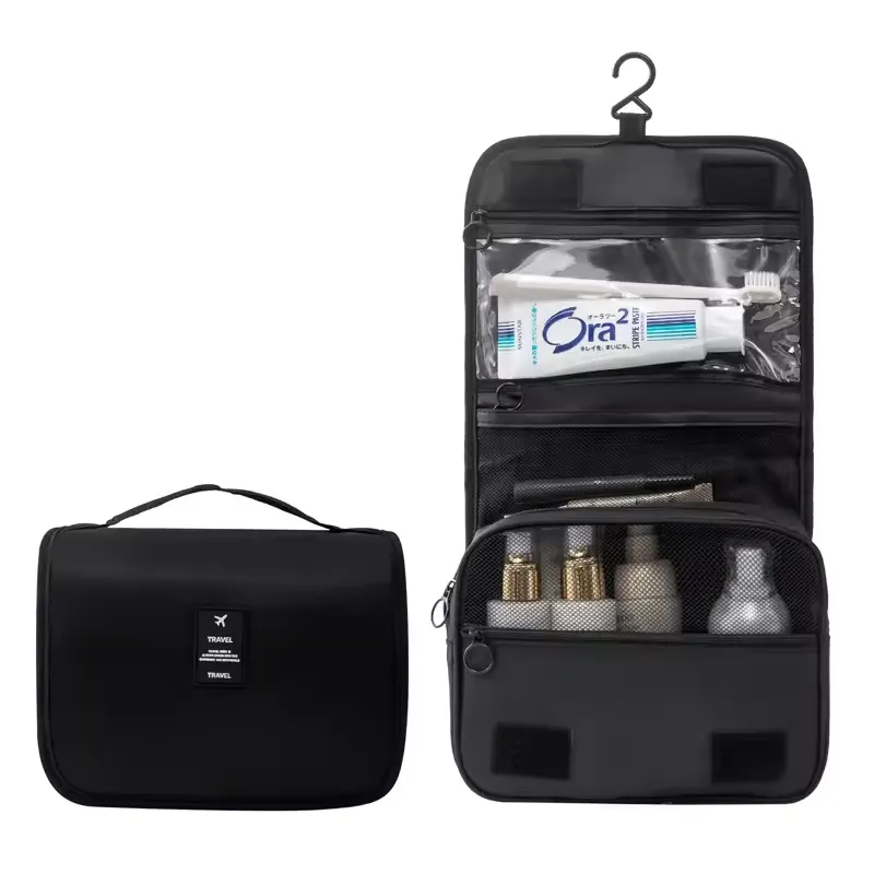 Black fabric variant - Foldable travel cosmetic bag with compact storage for custom manufacturing