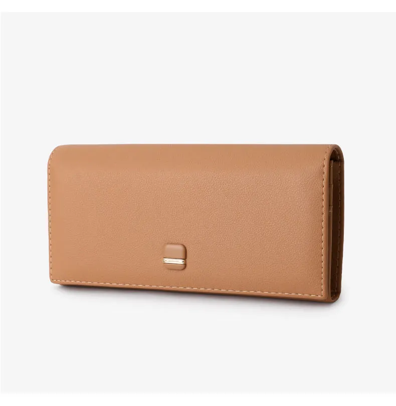 Women's long clutch wallet highlighting premium pebbled PU texture and snap closure