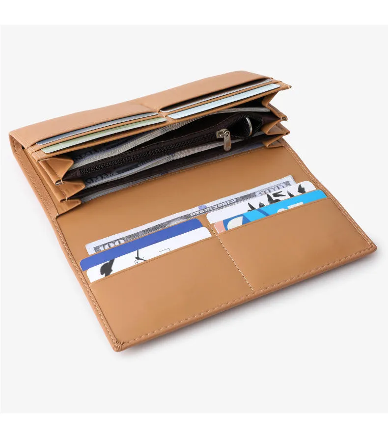 Internal compartment layout of custom long PU wallet showing card slots and bill sections