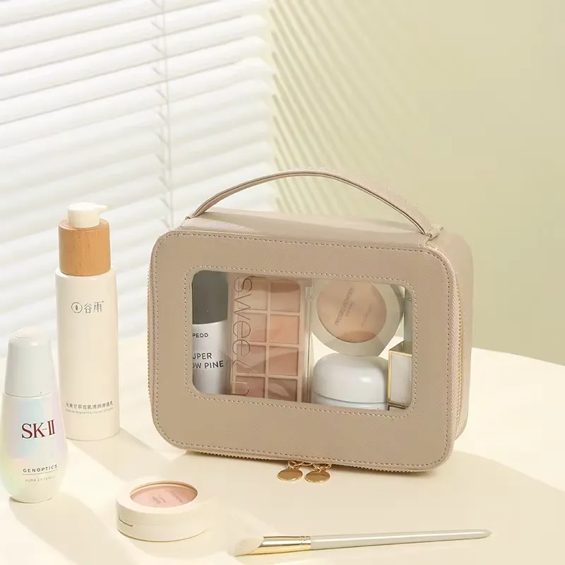 Beige PU cosmetic bag - Premium leather alternative construction for custom manufacturing