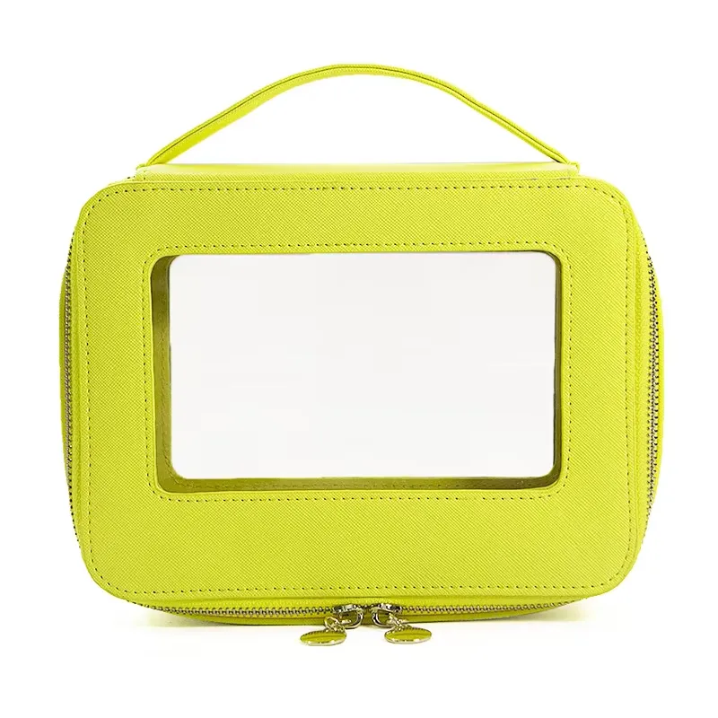 Yellow PU cosmetic bag - Vibrant color with transparent window for promotional manufacturing