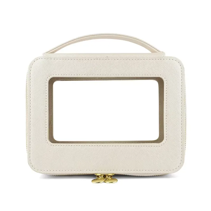 Beige PVC makeup bag - Empty construction view showing manufacturing precision for custom production