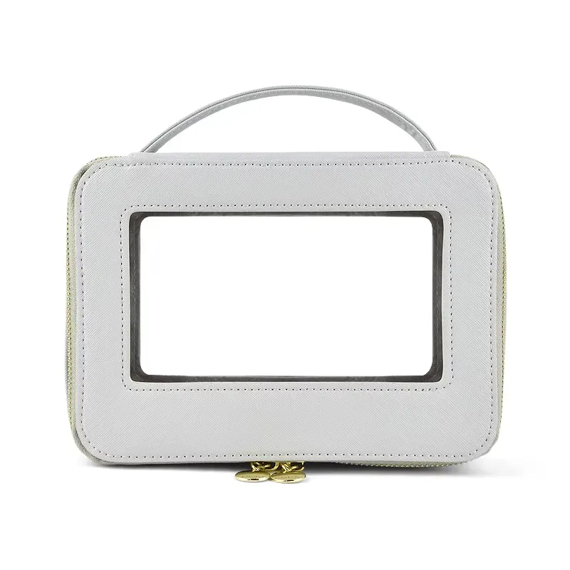 Light gray PVC makeup bag - Minimalist design with clear window for OEM orders