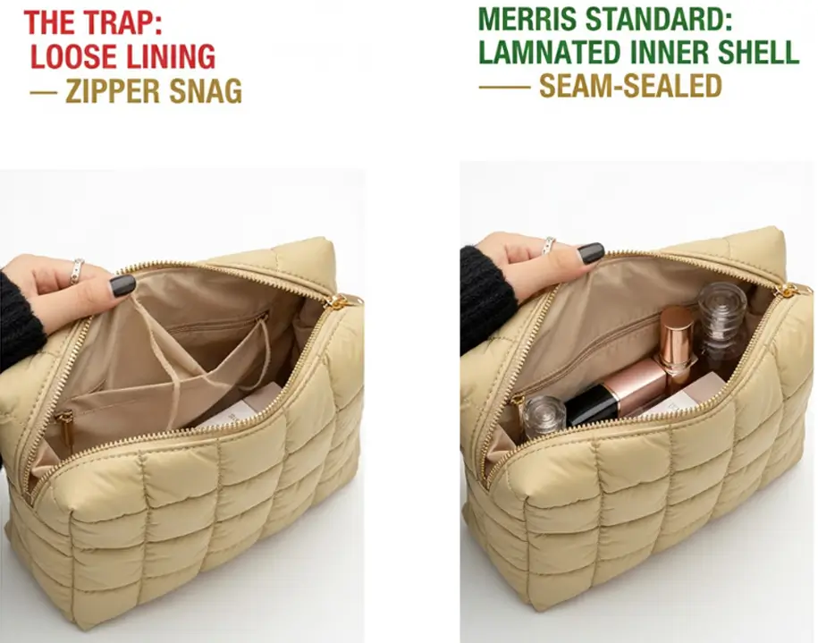 Comparison between loose bag lining causing zipper snags vs Merris seam-sealed laminated inner shell