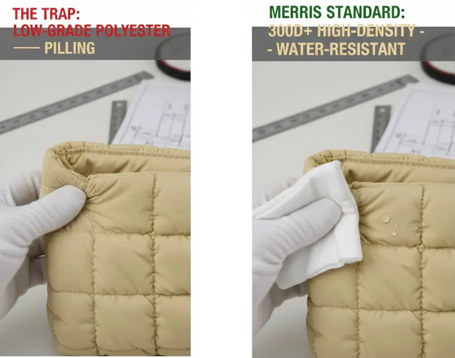 Comparison between low-grade pilling polyester vs Merris high-density water-resistant fabric