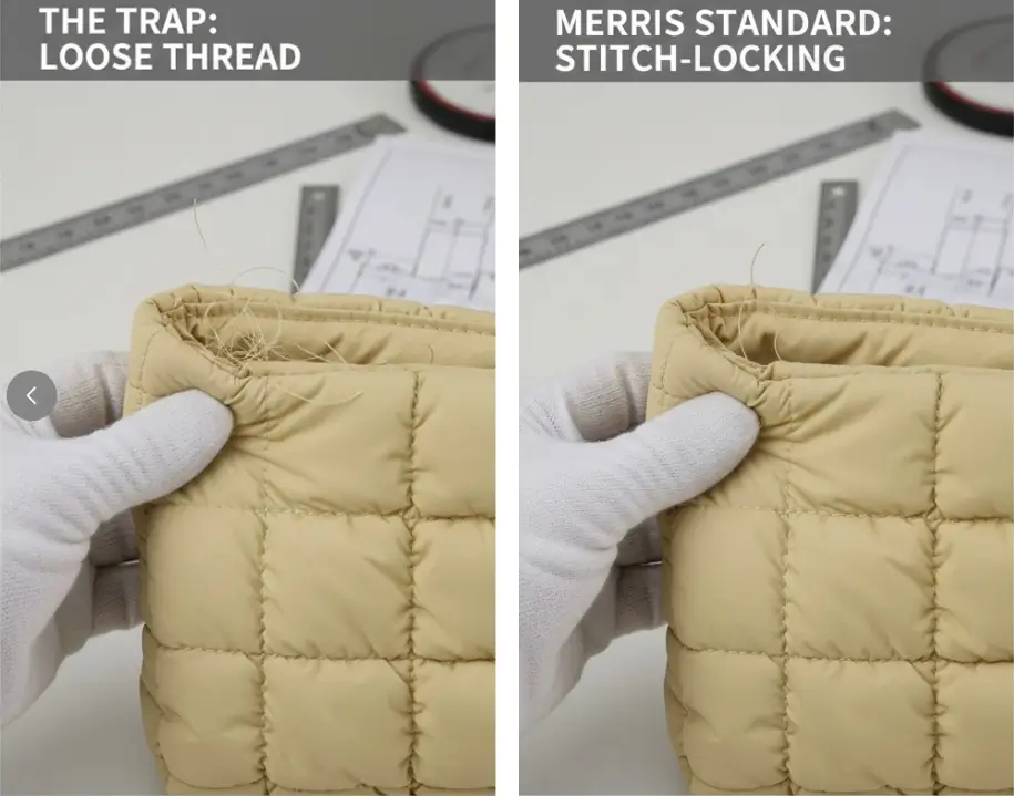 Comparison between loose threads in cheap manufacturing vs Merris standard stitch-locking