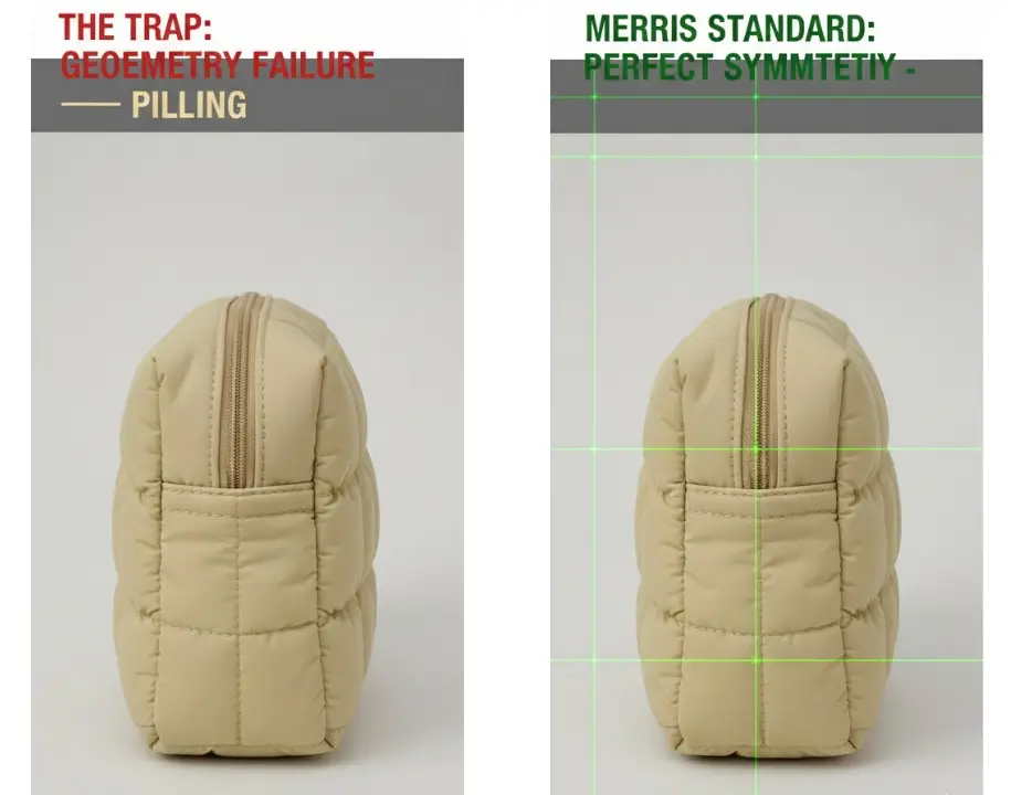 Bag symmetry comparison: manual sewing alignment error vs Merris template-guided precision