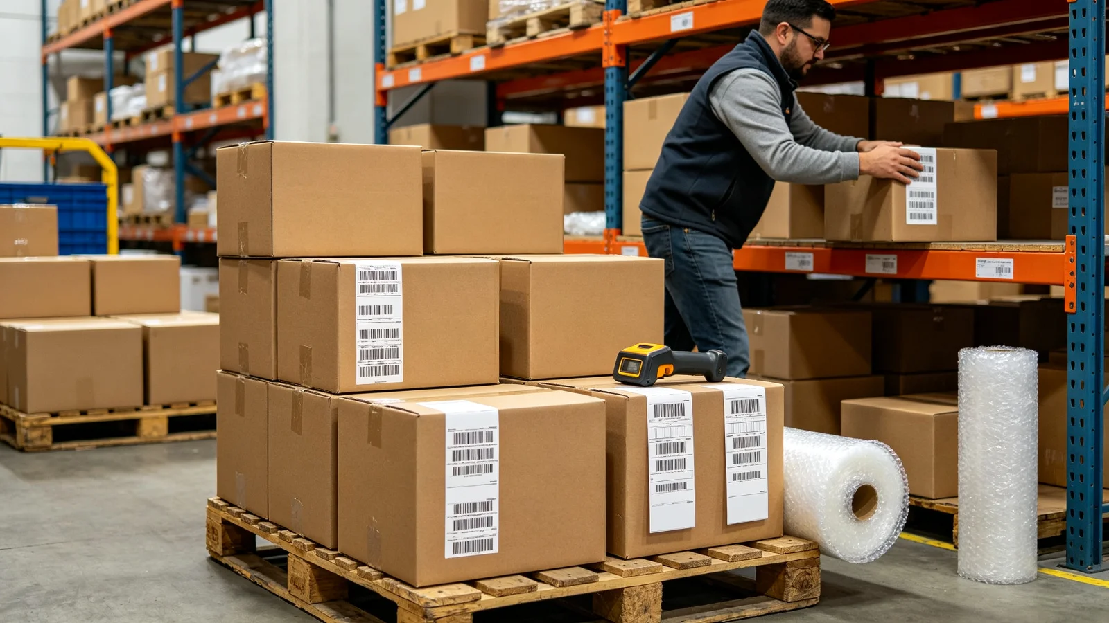 Amazon FBA warehouse: stacked brown cardboard boxes on a pallet, worker placing a labeled box on a shelf, shipping labels with barcode patterns on boxes, scanning gun, and bubble wrap