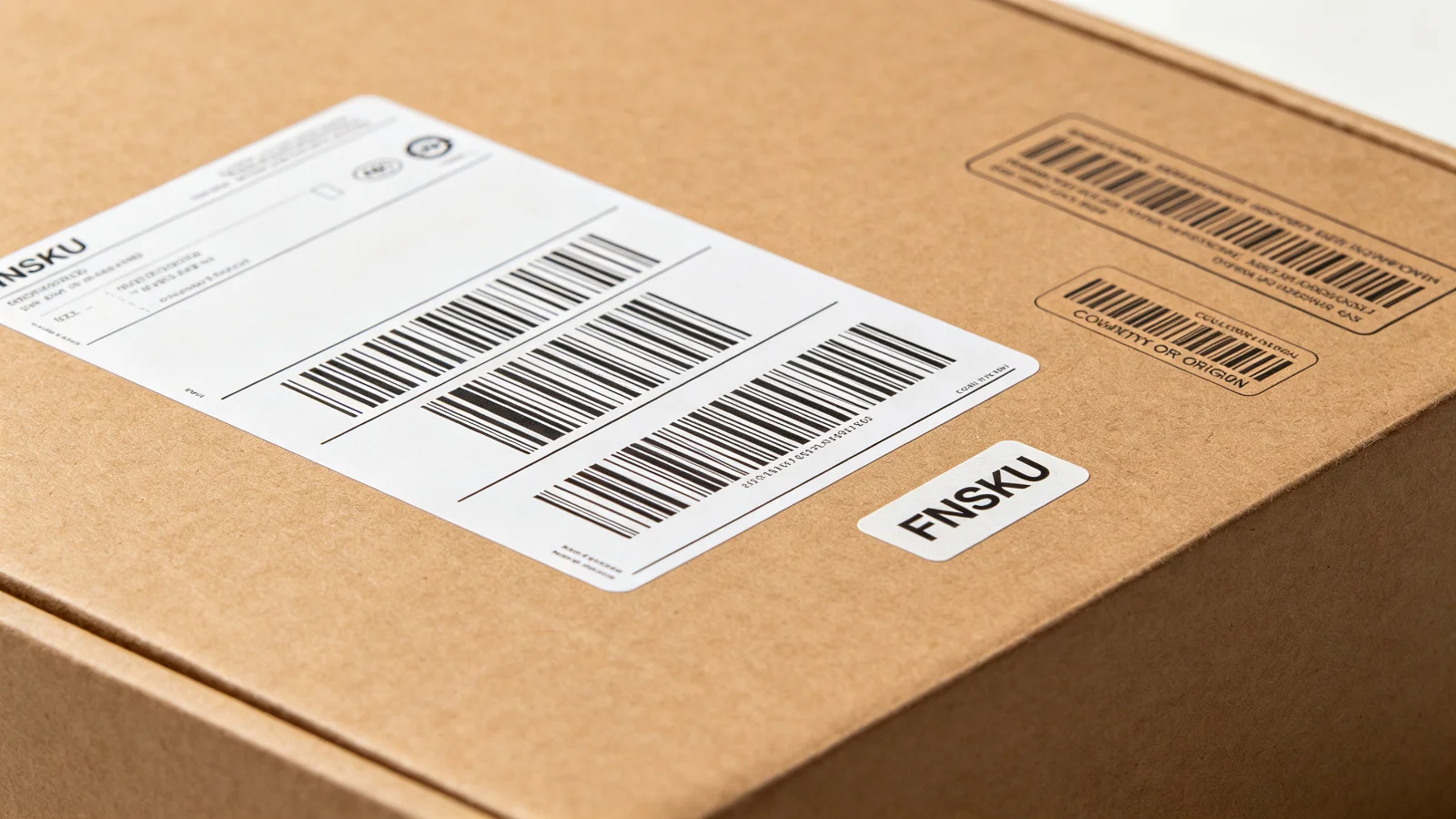 Close-up of barcode and product labels on packaging: white shipping label with black barcode pattern, smaller FNSKU-style sticker, country of origin label, and rectangular product label on a brown cardboard box