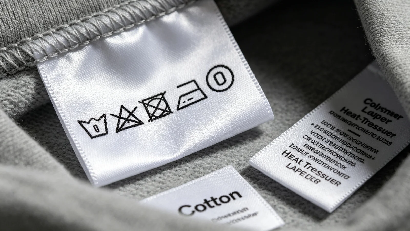 Macro close-up of woven care labels sewn inside bags: white satin label with black woven washing symbols, cotton label, polyester label, and heat-transfer label
