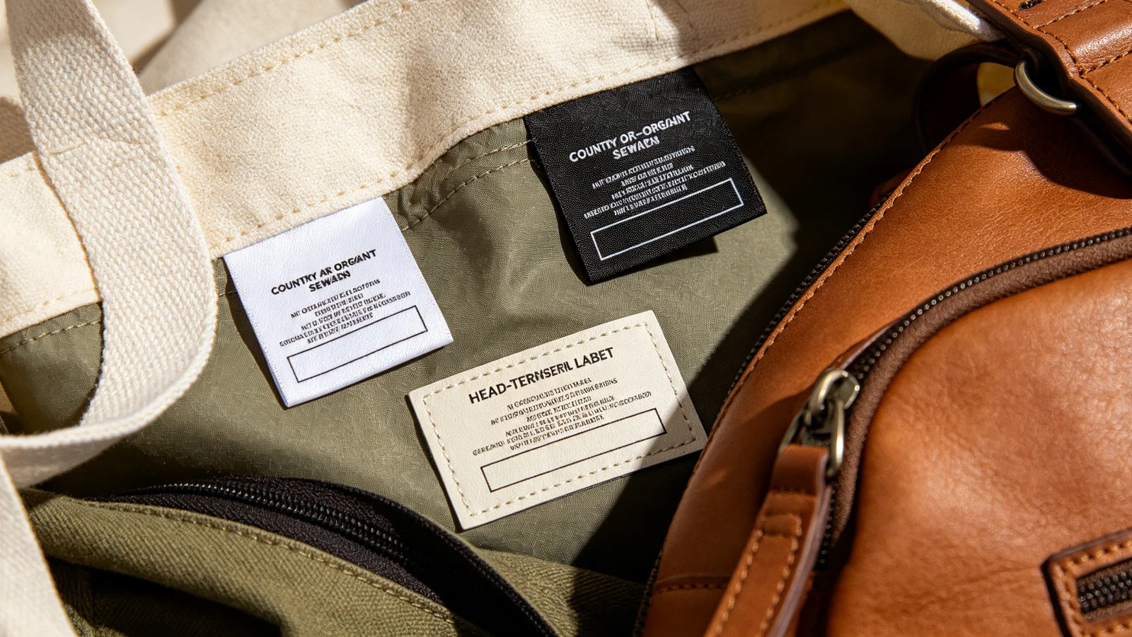 Close-up of country of origin labels sewn inside various bags: white woven label, black printed label, heat-transfer label, and tag showing origin information areas
