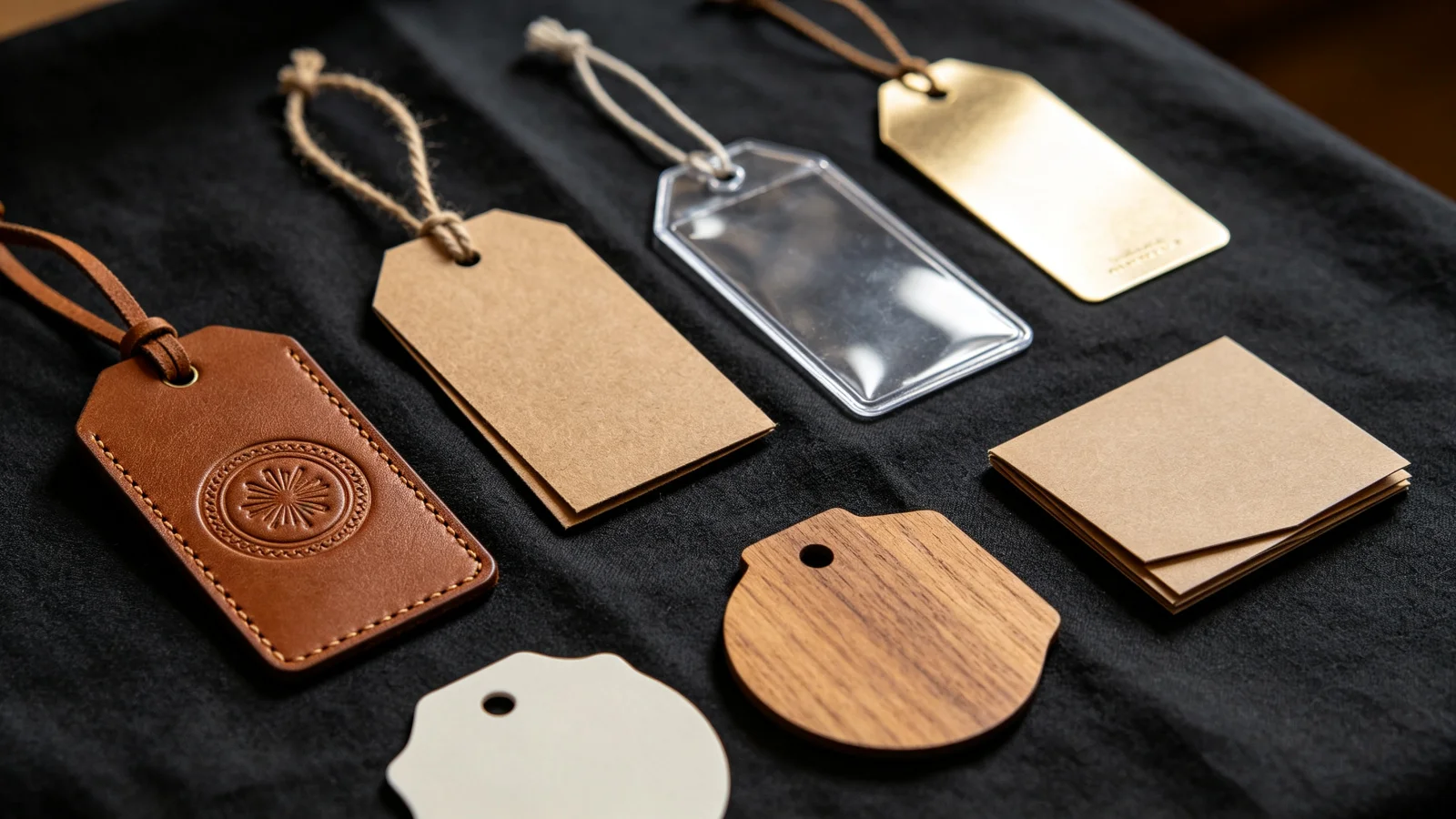 Collection of various hang tags for bags: leather, kraft paper, clear plastic, metallic foil, wooden, and folded cardstock tags in different shapes
