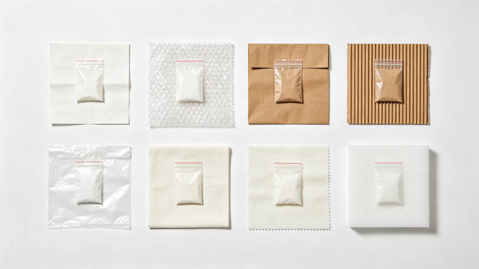 Flat lay comparison of packaging materials: tissue paper, bubble wrap, kraft paper, corrugated cardboard, polythene plastic sheet, non-woven fabric, cotton fabric, and foam padding, each with a small sample bag