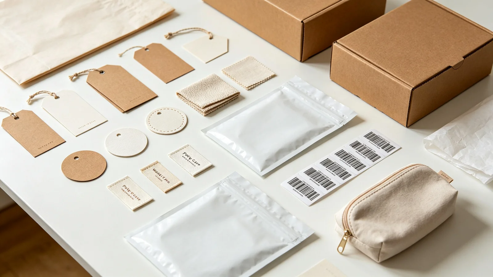 Flat lay of bag packaging and labeling materials: hang tags, care labels, poly mailer bags, cardboard boxes, tissue paper, barcode stickers, and a cosmetic bag