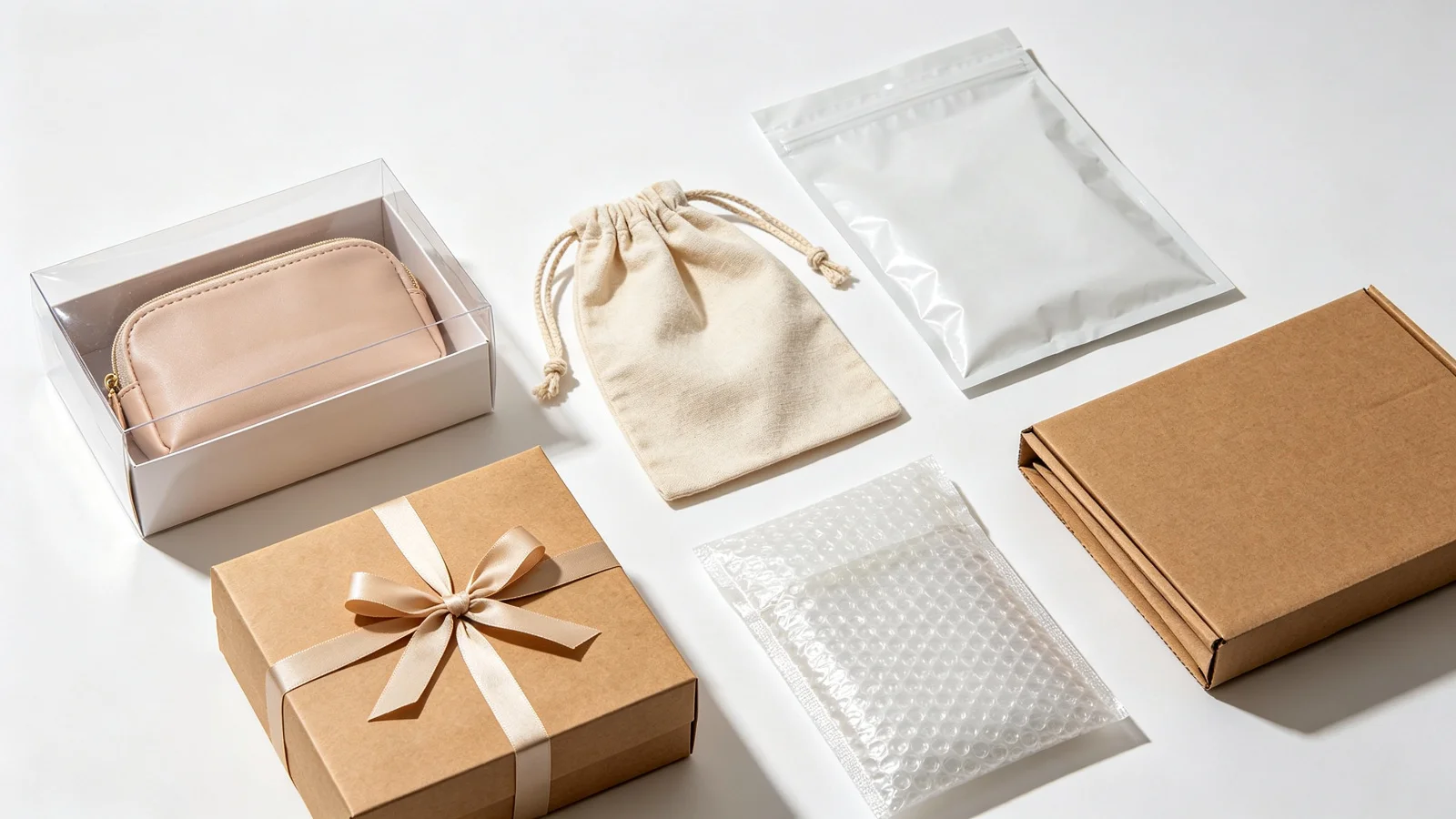 Collection of retail packaging for bags: clear window box with cosmetic pouch, cotton drawstring dust bag, white poly mailer, kraft paper gift box with ribbon, bubble mailer, and folded cardboard box