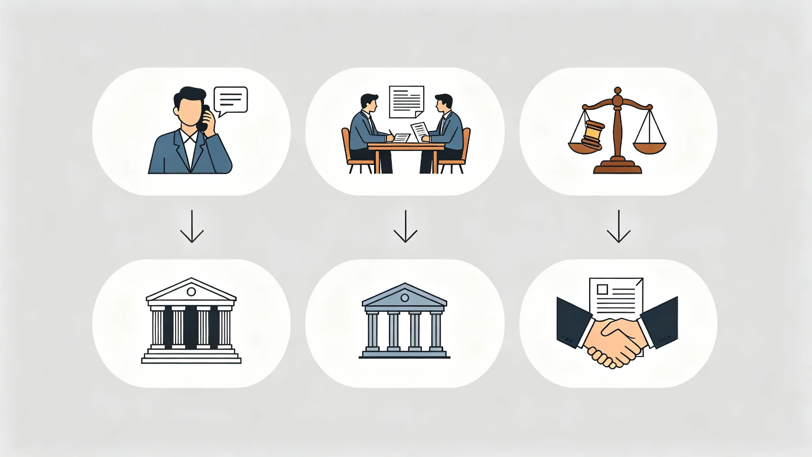 Dispute resolution flowchart with five steps: communication, negotiation, arbitration, litigation, and resolution