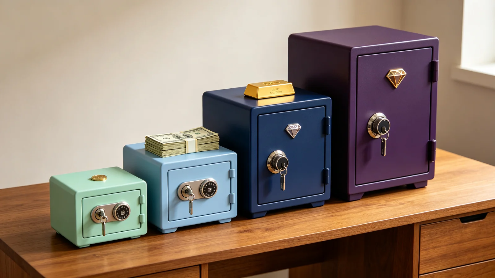 Four safes of increasing size representing different order value tiers with different payment security strategies