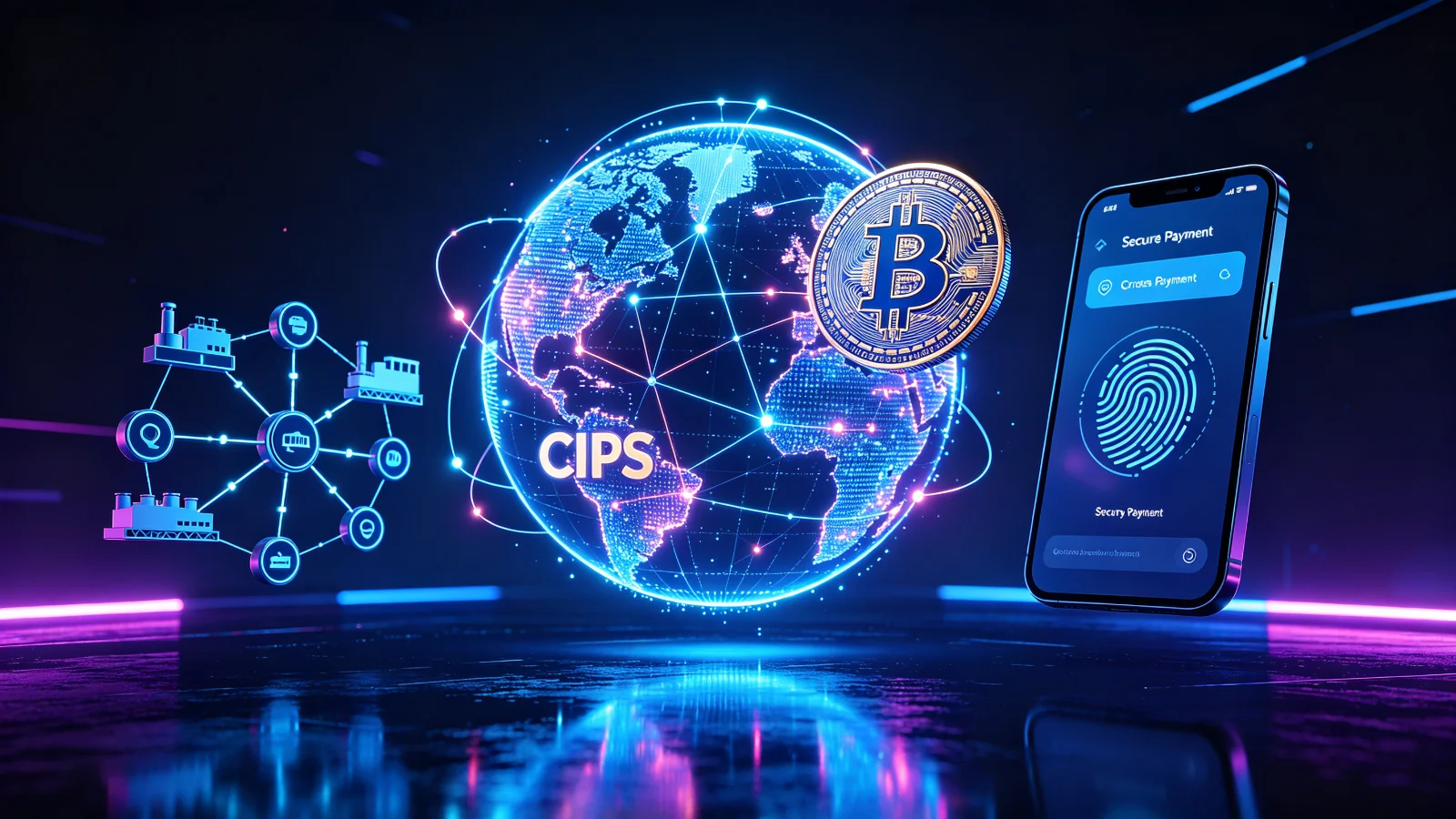 Futuristic payment trends concept: digital globe with CIPS connection lines, cryptocurrency coin, supply chain network, mobile payment with fingerprint scanner