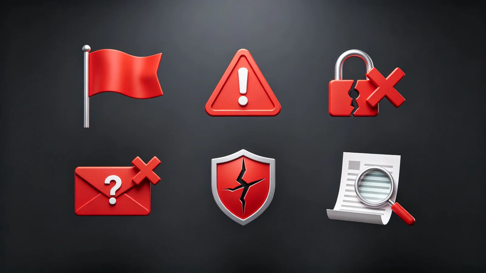 Collection of red warning flags and alert icons: waving red flag, triangular warning sign, broken padlock, red X, suspicious envelope, cracked shield, magnifying glass over document