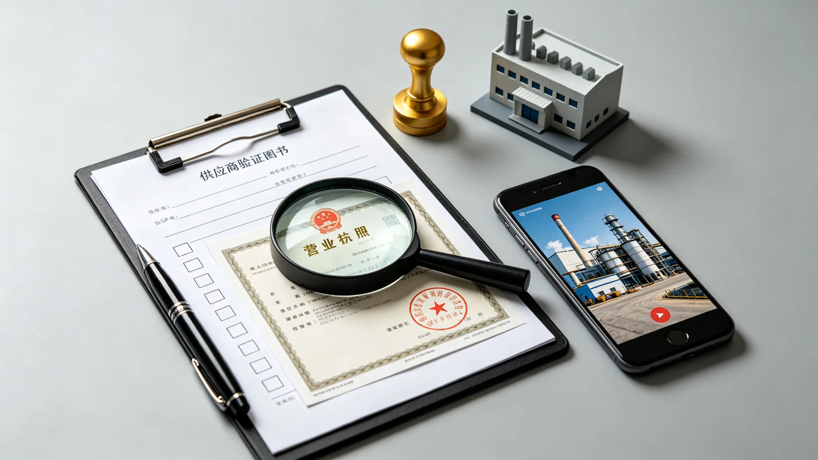 Supplier verification checklist scene: clipboard with checkboxes, magnifying glass examining business license, smartphone video call with factory, golden approval stamp, small factory building model