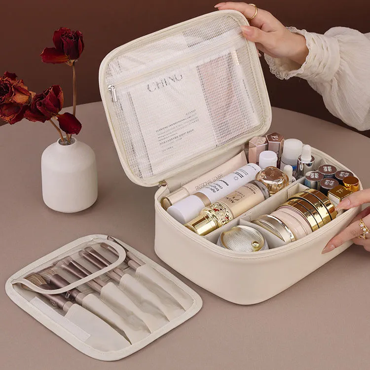 Beige PU cosmetic bag interior - Organized compartments for custom manufacturing