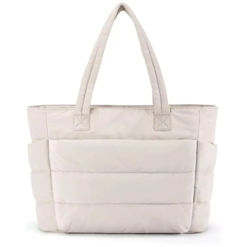 Quilted polyester tote bag with functional external pocket