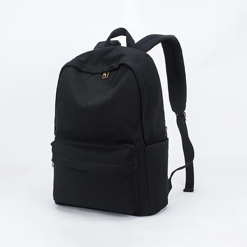 Side-angled view of a personalized black canvas daypack