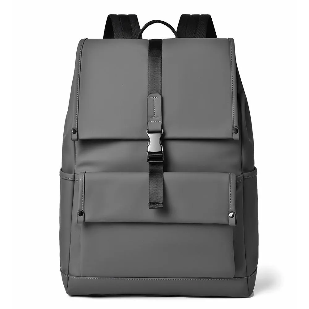 Front view of a custom grey waterproof PU backpack with buckle