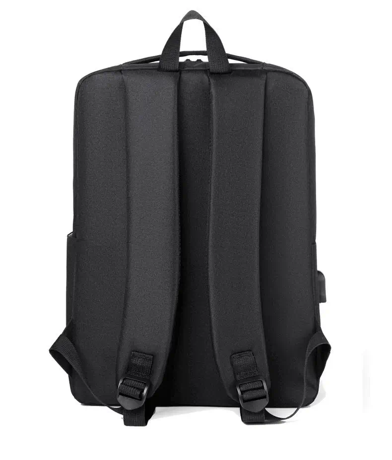 Back view showing ergonomic padded shoulder straps on black 17 inch laptop backpack