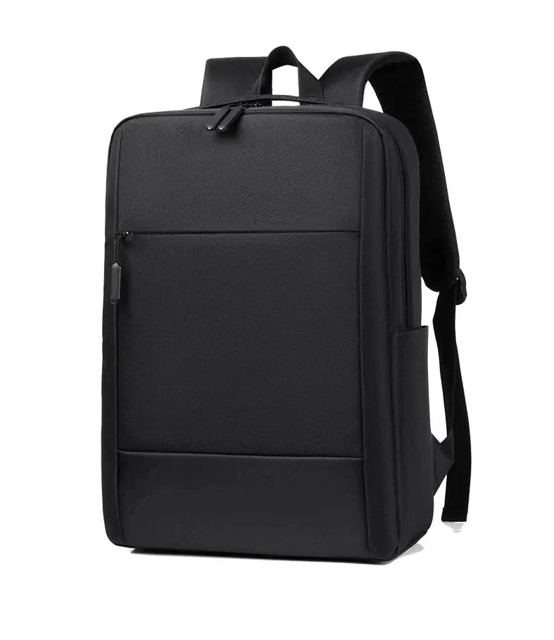 Front close-up of professional black laptop backpack with multiple compartments