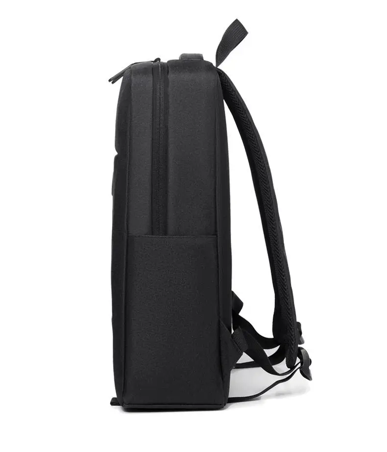 Side view of compact black 17 inch laptop backpack with slip pocket