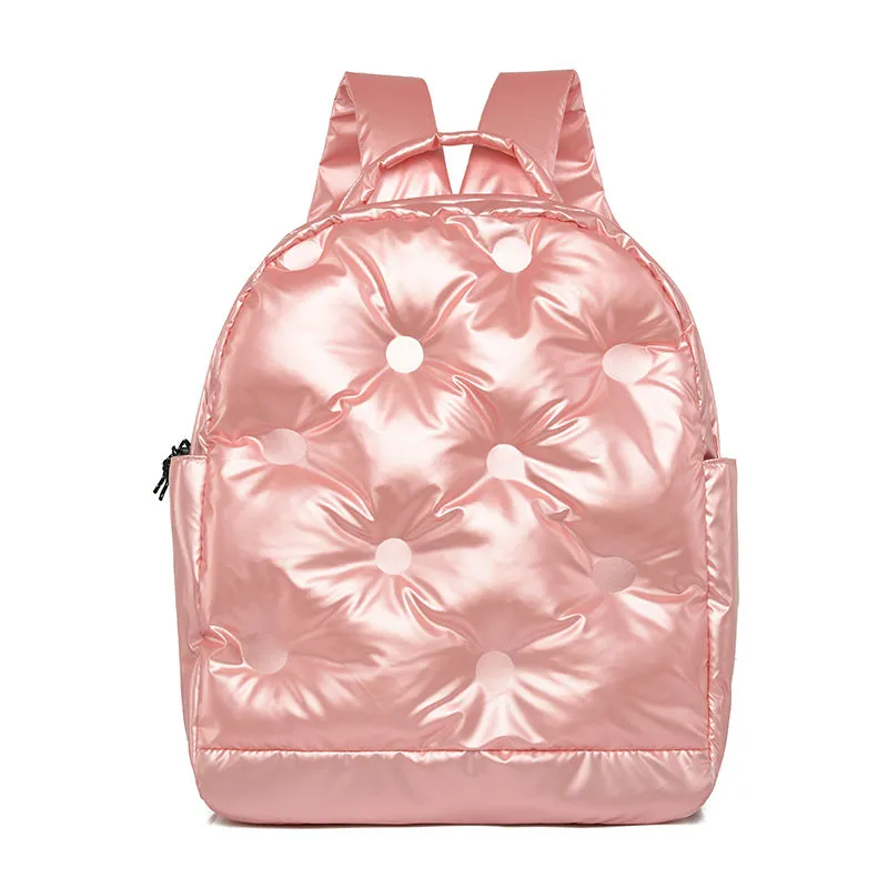 Soft pink quilted backpack with matching fabric dots - feminine fashion style