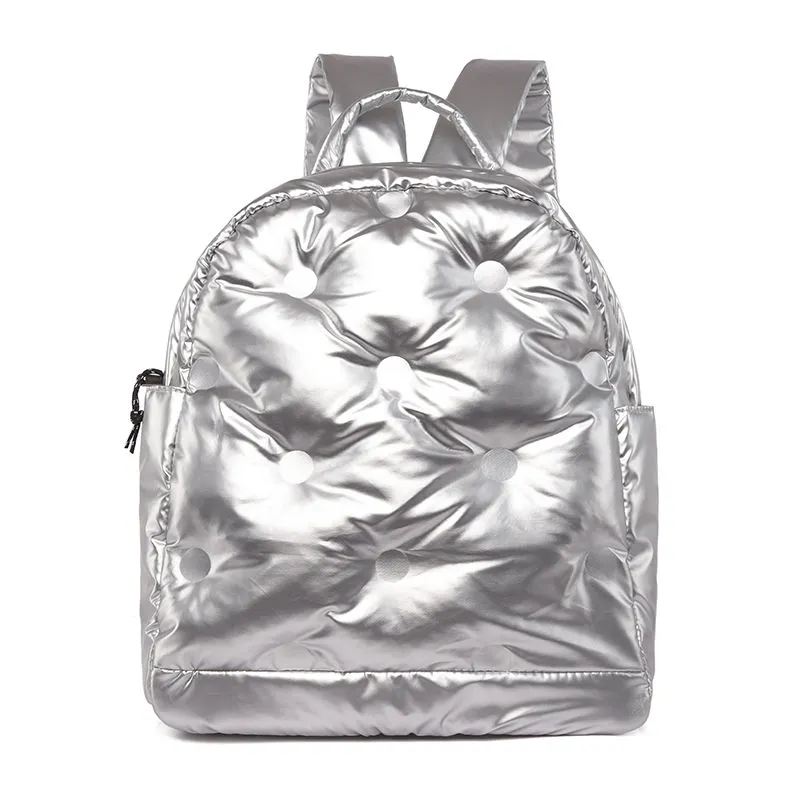 Silver quilted nylon backpack - modern metallic fashion backpack