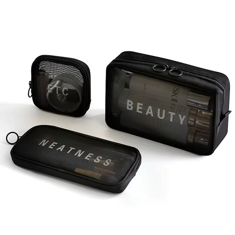 Transparent mesh cosmetic bag manufacturer - Black net makeup bag set with NEATNESS/BEAUTY print for custom OEM production