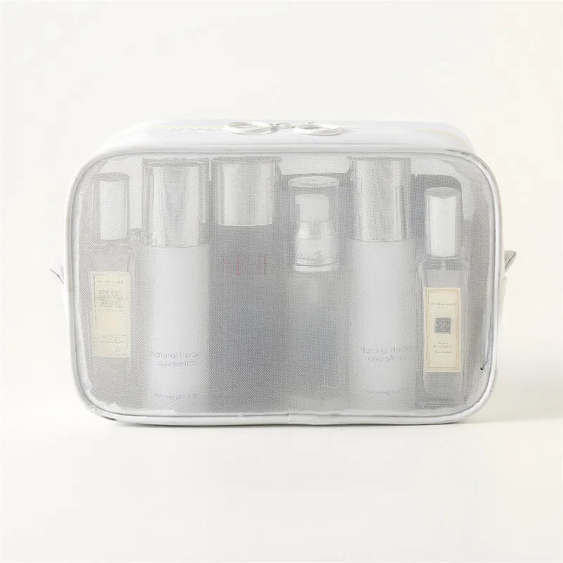 White transparent net cosmetic bag - Single large size option showing manufacturing precision for custom production