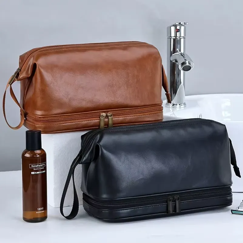 PU travel cosmetic bag manufacturer - Brown black makeup bags with double zippers and wrist strap for custom OEM production