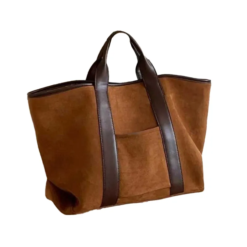Luxury suede bag manufacturer - Brown suede tote with leather trim for custom OEM production