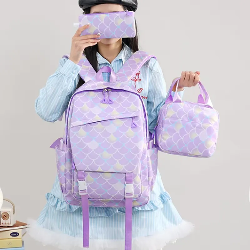 Child wearing purple cartoon capybara 3-piece backpack set - practical demonstration of school use