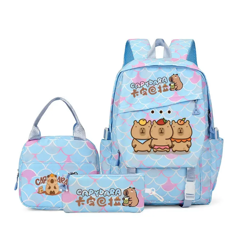 Blue variant of cartoon capybara 3-piece kids backpack set - showing color customization options