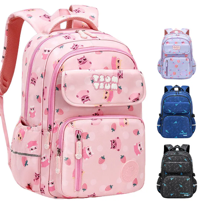 Pink cartoon pattern Oxford backpack with owl and strawberry motifs - complete school backpack design for teens