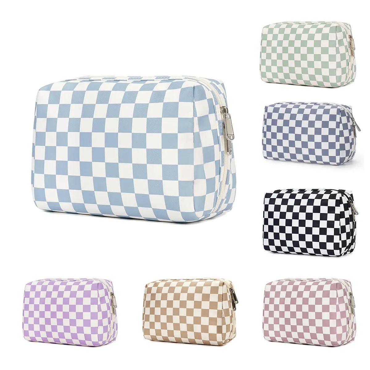 Side view of Checkerboard Pattern Portable Cosmetic Makeup Bag