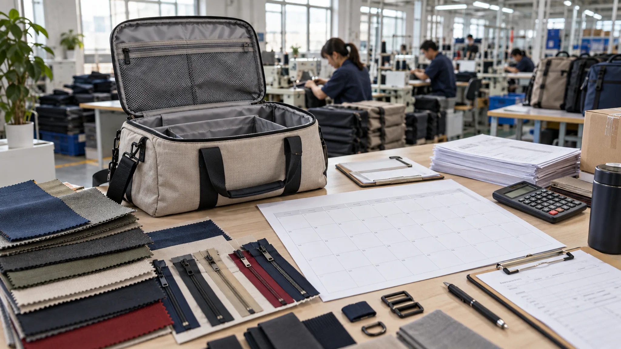 Open travel bag sample, fabric swatches, zipper cards and a blank production calendar on a planning desk inside a bag factory