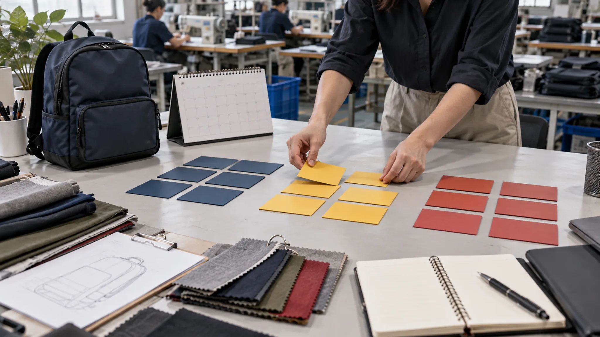 Production planner sorting blank color-coded schedule cards beside a bag sample and fabric swatches