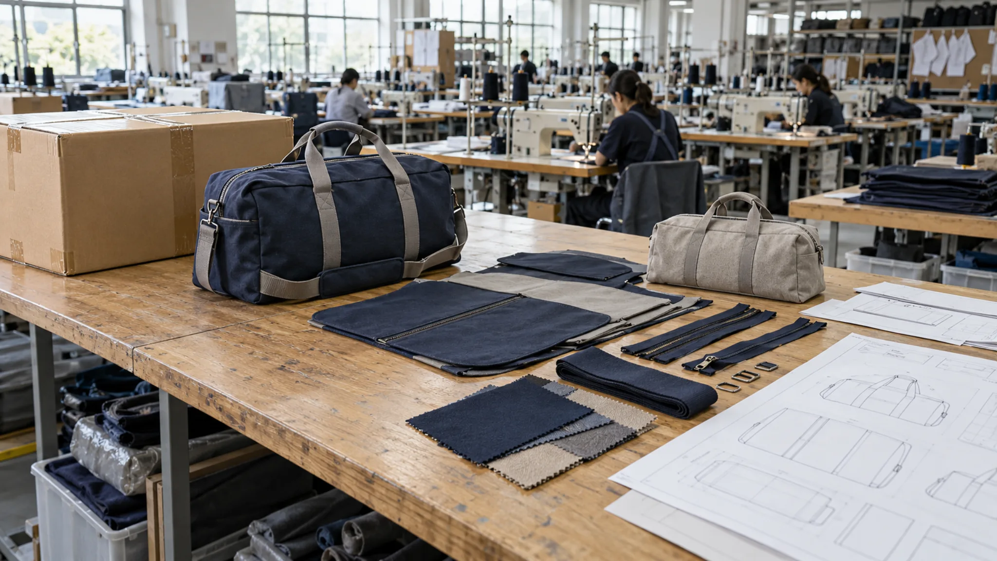 Export carton, finished duffel bag, sewn panels, approved sample, zippers, fabric swatches and technical sheets arranged in production order