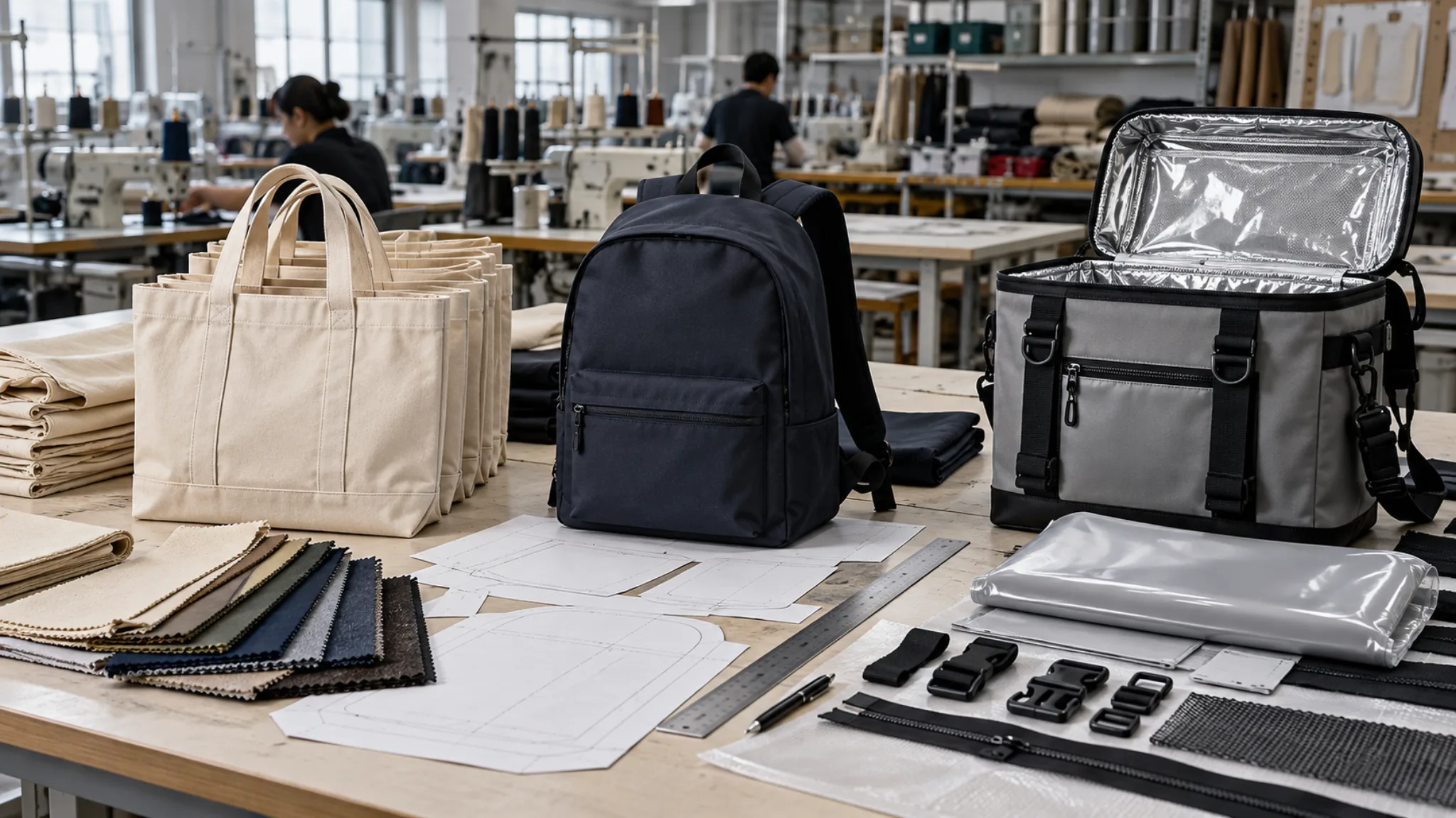 Repeat canvas totes, a new backpack sample and a complex insulated cooler bag arranged on a factory sample bench