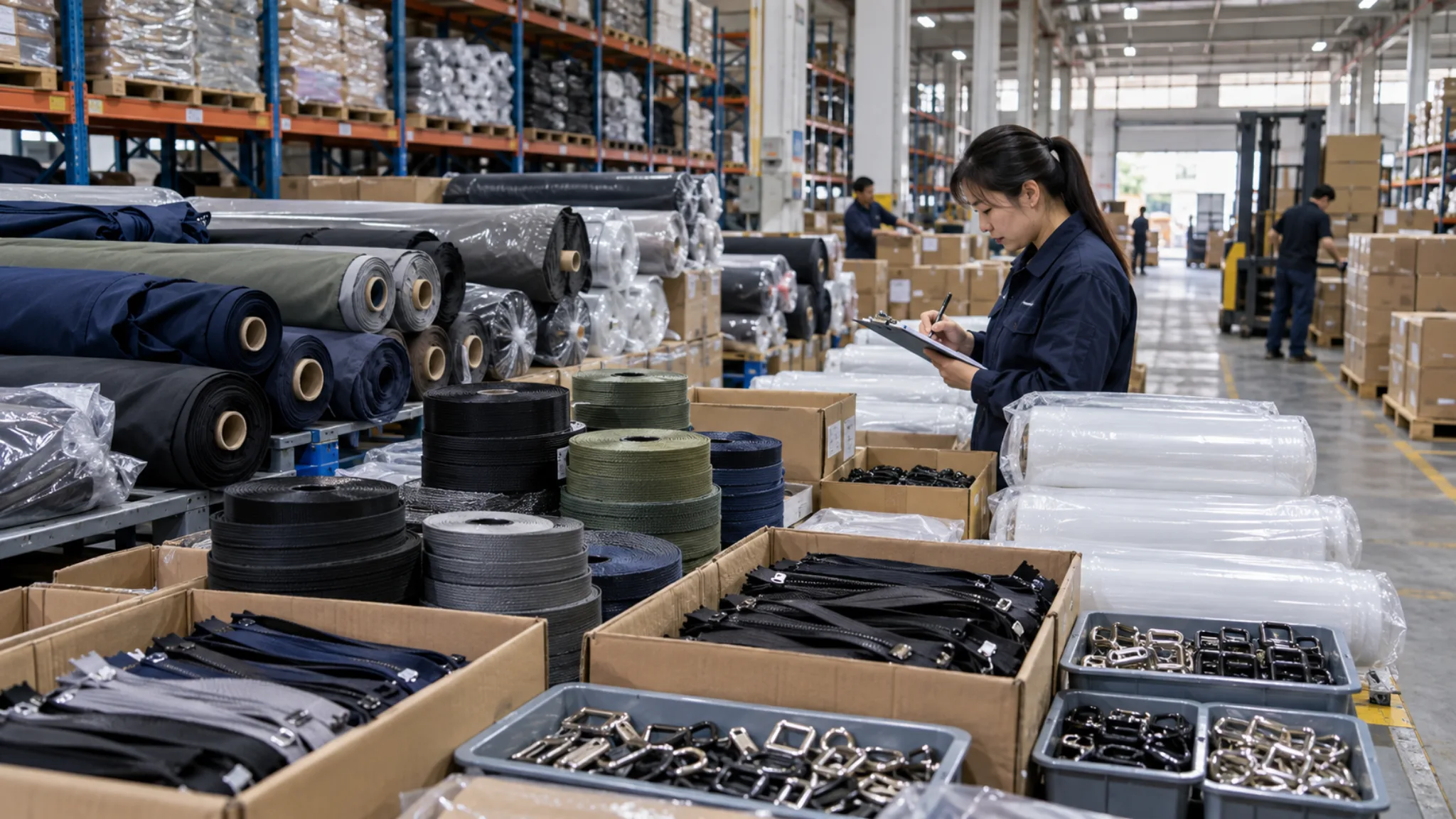 Fabric rolls, zipper cartons, webbing spools, metal buckle trays and liner material staged at a bag factory receiving table