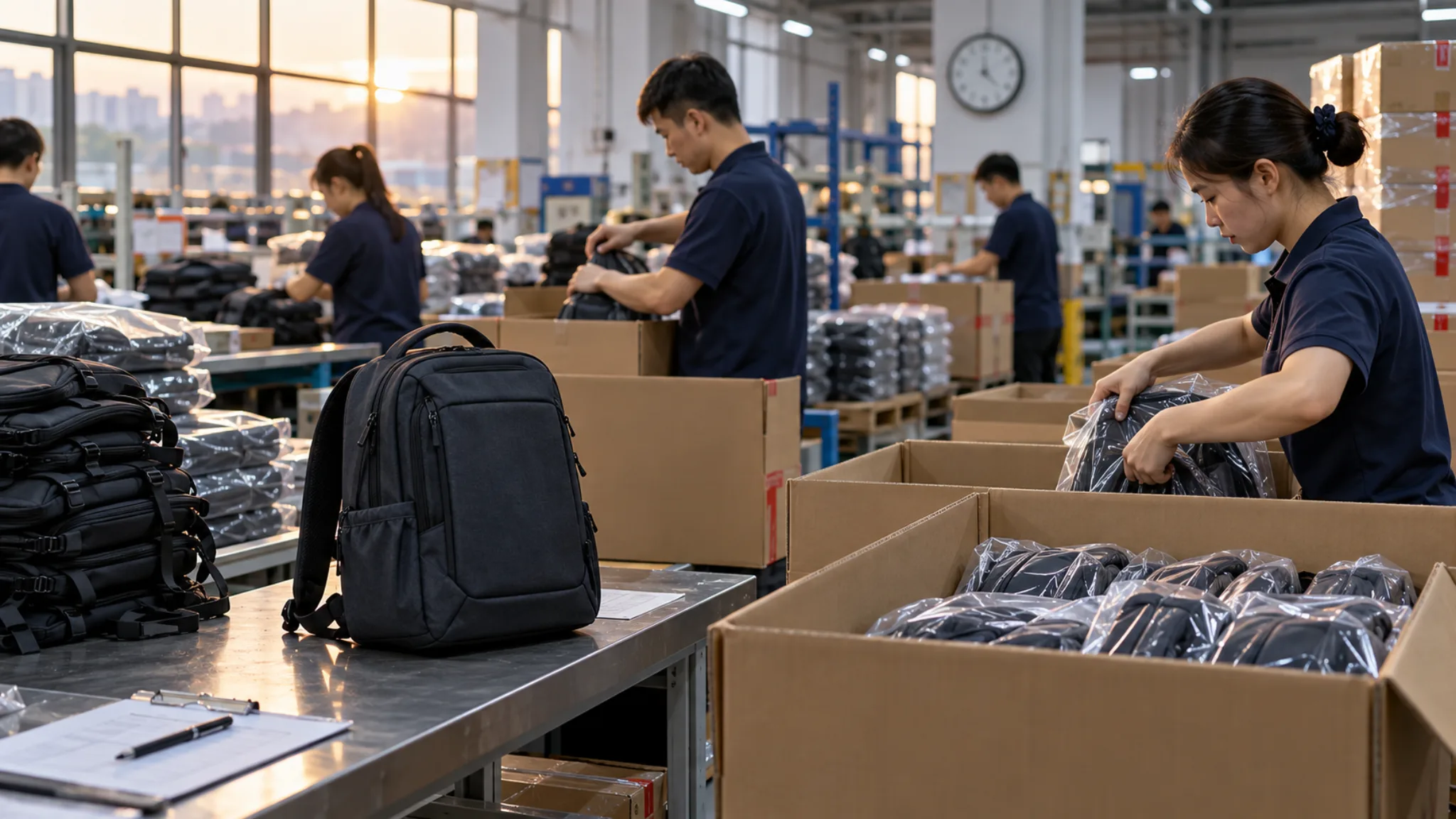 Finished backpacks being packed into kraft export cartons beside an approved sample in a factory packing area