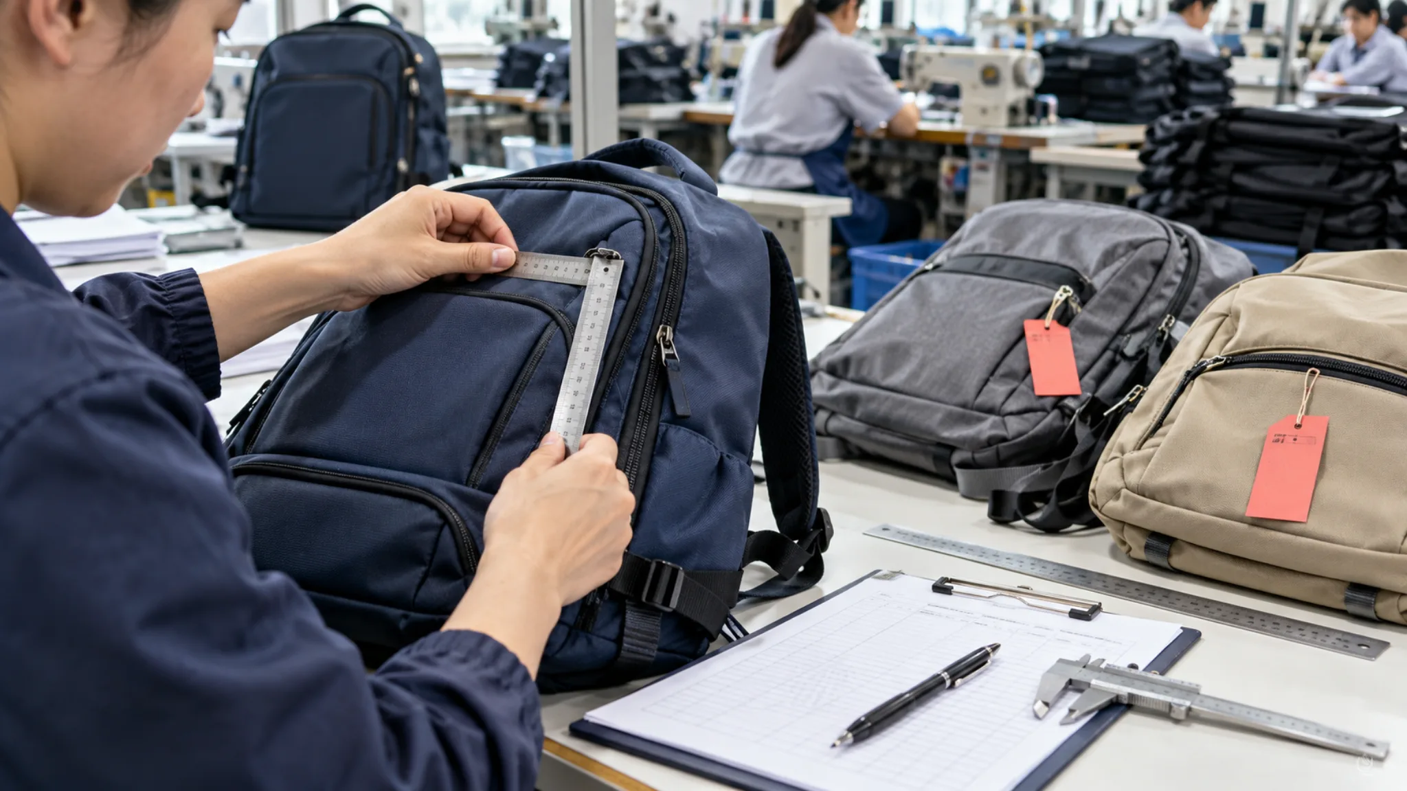 Quality inspector measuring a backpack seam and zipper alignment with repair tags on two nearby bags