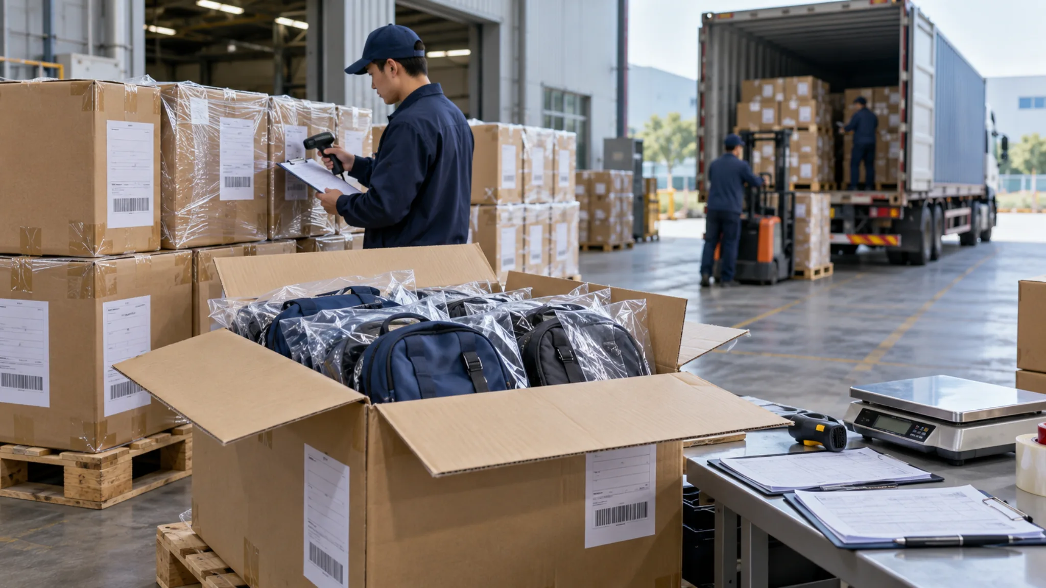 Palletized export cartons, an open carton of polybagged backpacks, scale and shipping documents in a factory loading area